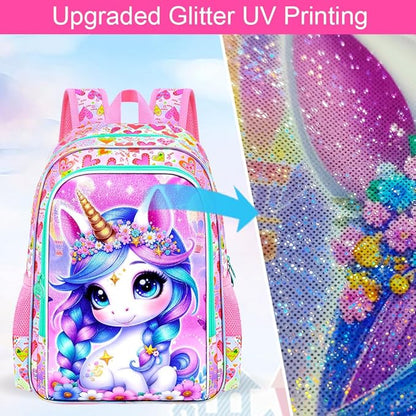 WZLVO 3PCS Kids Backpack for Girls, Unicorn Dinosaur Animal Prechool Elementary Kindergarten School Bookbag with Lunch Box