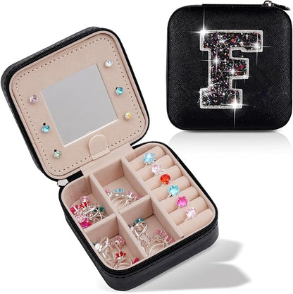 Personalized Jewelry Case for Women Girls - Fashion Mini Jewelry Boxes - Trendy Travel Jewelry Organizer with Initials Letter - Teen Gifts | Black,F