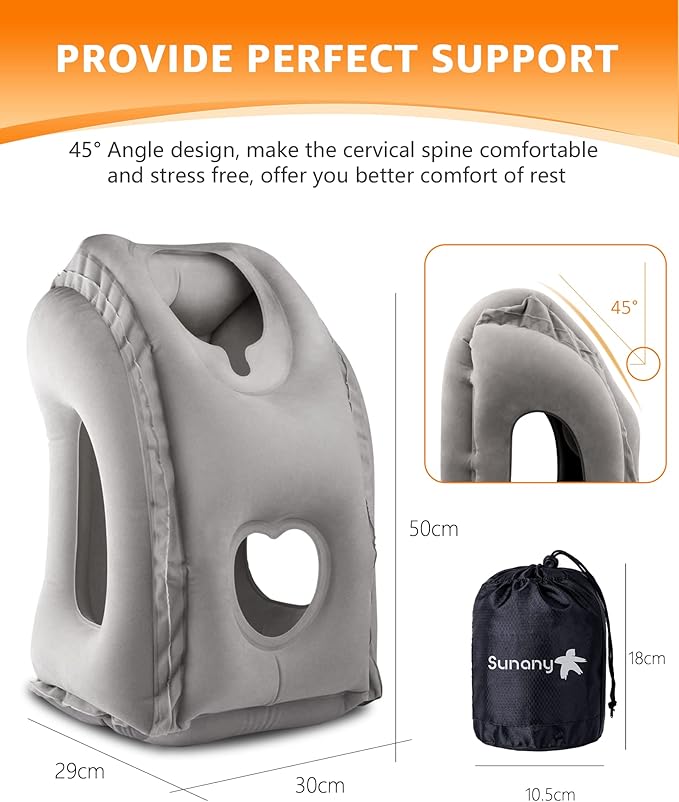 Sunany Travel Pillow, Inflatable Neck Pillow Used for Airplanes/Cars/Buses/Trains/Office Napping with Eye Mask/Earplugs (Gray)