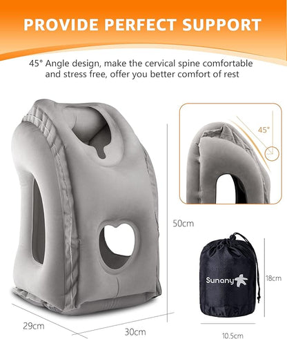 Sunany Travel Pillow, Inflatable Neck Pillow Used for Airplanes/Cars/Buses/Trains/Office Napping with Eye Mask/Earplugs (Gray)