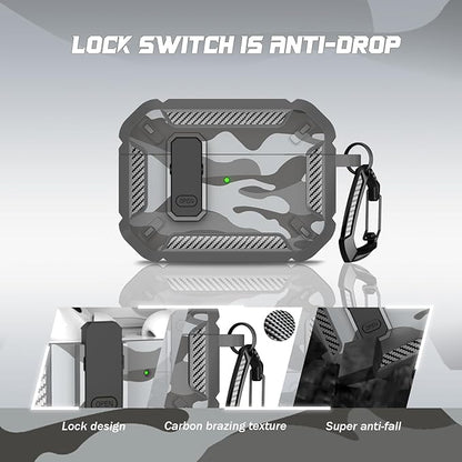 RFUNGUANGO for AirPods Pro 2nd Generation Case Cover with Cleaner Kit, Military Hard Shell Protective Armor with Lock for AirPod Gen 2 Charging Case2023, 2022, Front LED Visible,Grey Camou
