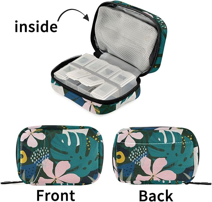 Fustylead Collage Contemporary Hawaiian Hibiscus Floral Pill Organizer and Storage Weekly with Zipper, Removable Pill Box Portable Medicine Organizer for Vitamin Fish Oil Supplement