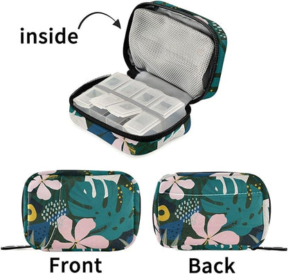 Fustylead Collage Contemporary Hawaiian Hibiscus Floral Pill Organizer and Storage Weekly with Zipper, Removable Pill Box Portable Medicine Organizer for Vitamin Fish Oil Supplement