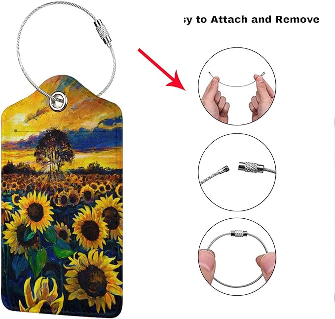2-Pcs Beautiful Sunflower Leather Luggage Tags for Women Girls Suitcases, Art Yellow Floral Privacy Cover ID Label with Stainless Steel Loop and Address Card for Travel Bag Backpack