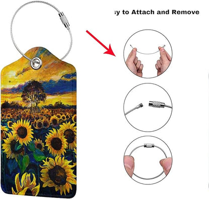 2-Pcs Beautiful Sunflower Leather Luggage Tags for Women Girls Suitcases, Art Yellow Floral Privacy Cover ID Label with Stainless Steel Loop and Address Card for Travel Bag Backpack