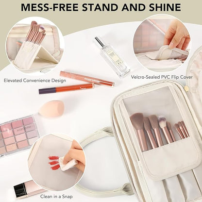 Travel Makeup Bag for Women Fashion Large Capacity Pouch Open Flat Cosmetic Portable Organizer Waterproof Large Opening Storage Toiletry Bags Vertical Free-Standing Brush Holder for Easy Access Beige