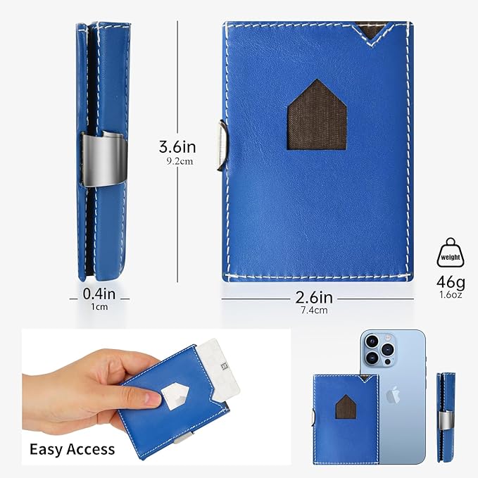Men's Wallet, Genuine Leather RFID Blocking Slim Money Clip Wallet Minimalist Front Pocket Tri-Fold Money Clip Credit Card Holder with Present Box Blue