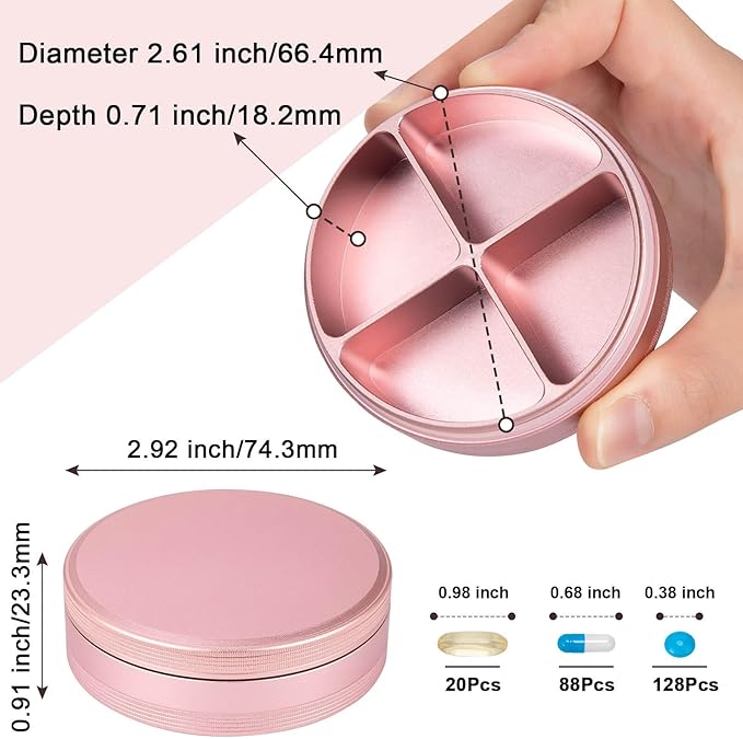 Metal Pill Organizer 4 Compartments - Portable Travel Pill Case Daily, Waterproof Pill Box for Purse, Compact Pill Holder Medicine Container Dispensers for Vitamin Cod Liver Oil Supplement Pink