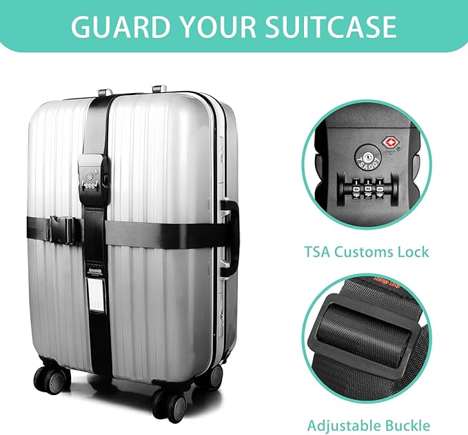 Cross Luggage Strap Belt for 20"-32" Suitcase with TSA Approved 3-Dial Combination Lock Wide Adjustable Packing Straps Travel Accessories, Black