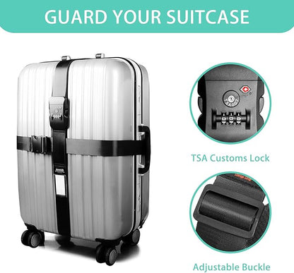 Cross Luggage Strap Belt for 20"-32" Suitcase with TSA Approved 3-Dial Combination Lock Wide Adjustable Packing Straps Travel Accessories, Black