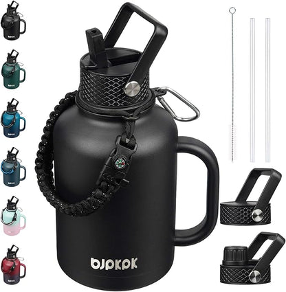 BJPKPK Large Insulated Water Bottles with Straw Lid & Handle, 50oz, 64oz, 87oz, 128oz Water Bottle with 3 Lids and Paracord Strap, Stainless Steel Metal Water Bottle, Insulated Water Jug, Black