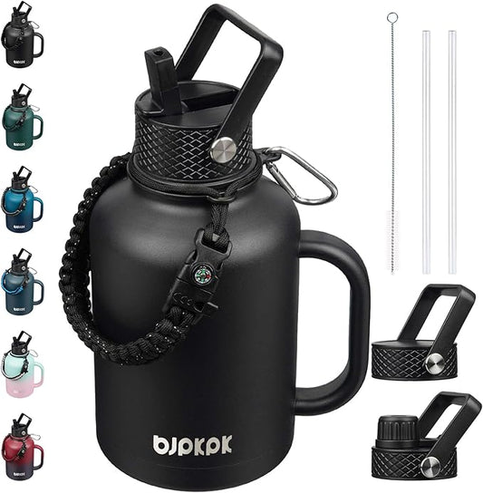 BJPKPK Large Insulated Water Bottles with Straw Lid & Handle, 50oz, 64oz, 87oz, 128oz Water Bottle with 3 Lids and Paracord Strap, Stainless Steel Metal Water Bottle, Insulated Water Jug, Black