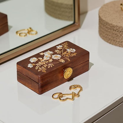 Travel Jewelry Case Small Wood Jewelry Organizer Jewelry Box for Women (Nut-Brown Print)