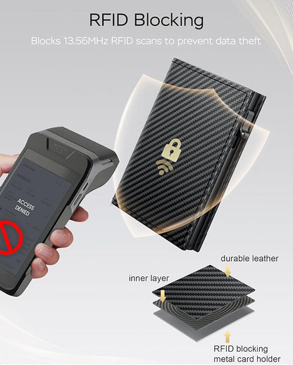 Wallet for Men - Sleek & Functional - Secure RFID Blocking Wallet with Smart Metal Pop Up Credit Card Holder, Minimalist Slim Front Pocket 11+ Cards ID Window Cash Slot, Gift for Him