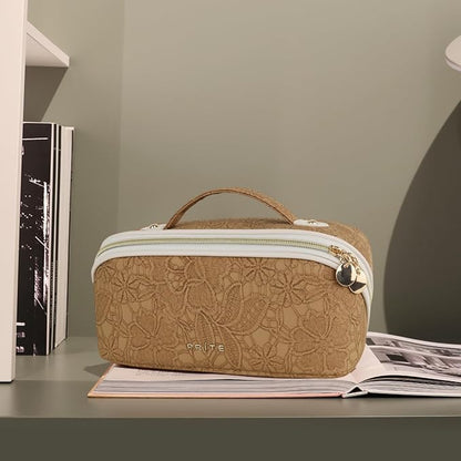 Prite Travel Cosmetic Bag Makeup Organizer Bag For Women Large Capacity Waterproof PU Leather Toiletry Bag with Handle and Clear Divider(Brown Flower)