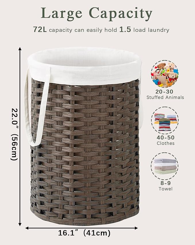 Laundry Hamper Laundry Basket Round 19.0 Gal (72 L) Handwoven Rattan Laundry Basket, Large Wicker Laundry Hamper with Removable Laundry Bag Handles 2 Mesh Bags for Bathroom Living Room Brown