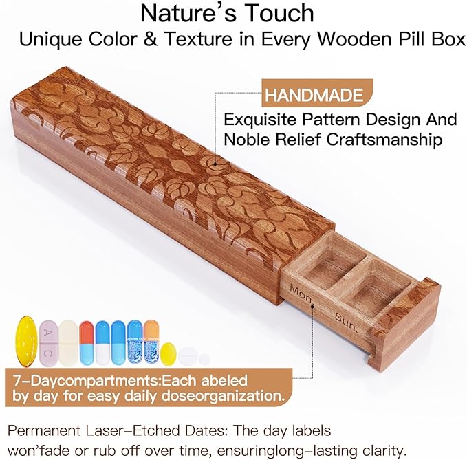 Wooden Pill Organizer, 7 Day Pill Box, Travel Pill Box, Wooden Pill Case Privacy Protection Perfect for Medication, Vitamins, Fish Oils, Supplements (Plus Sapele)