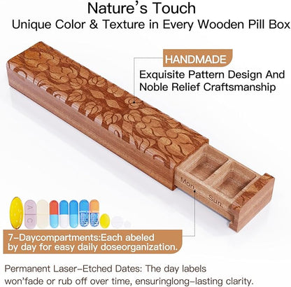 Wooden Pill Organizer, 7 Day Pill Box, Travel Pill Box, Wooden Pill Case Privacy Protection Perfect for Medication, Vitamins, Fish Oils, Supplements (Plus Sapele)