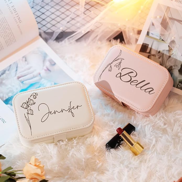 Personalized Jewelry Box for Women, Custom Travel Jewelry Case with Name and Birth Flower, Leather Jewelry Box for Rings, Earrings, Necklaces, Personalized Gifts for Women