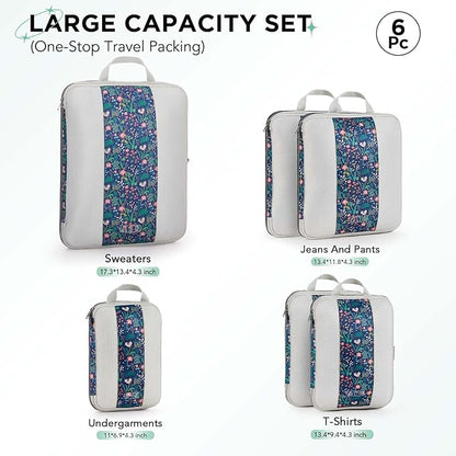 6 Set Compression Packing Cubes for Travel Essentials,Compressible Expandable Packing Cubes for Suitcase,OlarHike Luggage Organizer Bags for Travel(Dark Blue Floral)
