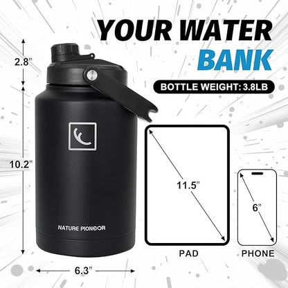 NATURE PIONEOR One Gallon Water Bottle Insulated - Large Double Vacuum Stainless Steel 128 oz Water Bottle with Holder/Carrier, 1 Gallon Water Jug,128oz, Wide Mouth