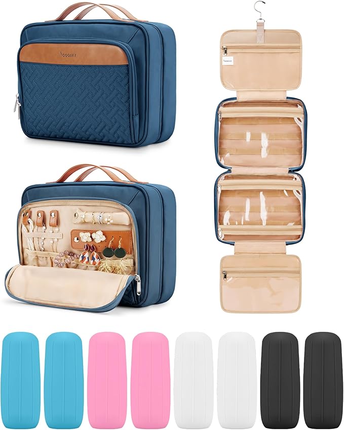 Travel Hanging Toiletry Bag for Women and Men, with 8 Leak Proofing Silicone Bottle Covers, Waterproof Makeup Accessories, Cosmetic Essentials, Toiletries Dopp Kit Set with Jewelry Organizer, Navy