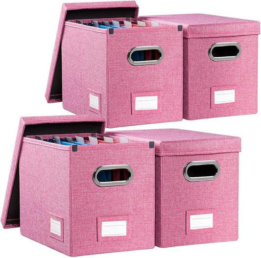 PRANDOM File Organizer Box - Set of 4 Collapsible Decorative Linen Filing Storage Hanging File Folders with Lids Office Cabinet Letter Size Pink (14x9.3x10.8 inch)