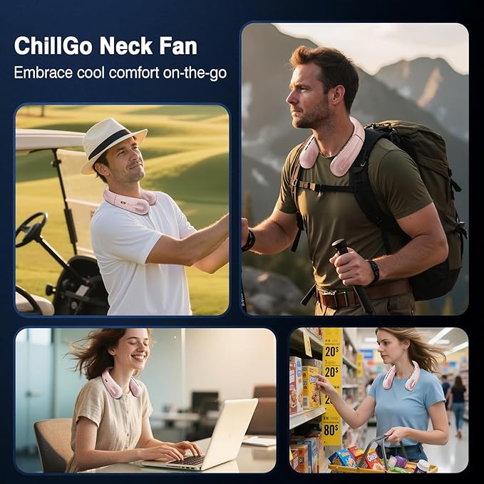 ChillGo Portable Neck Fan - 8400 RPM Enlarged Turbo Airflow - 5200mAh Personal Rechargeable Cooling Wearable Fan - Max 16H, 4 Speeds, Foldable, LED Display - Great Gifts for Men Women - 2nd Gen Pink