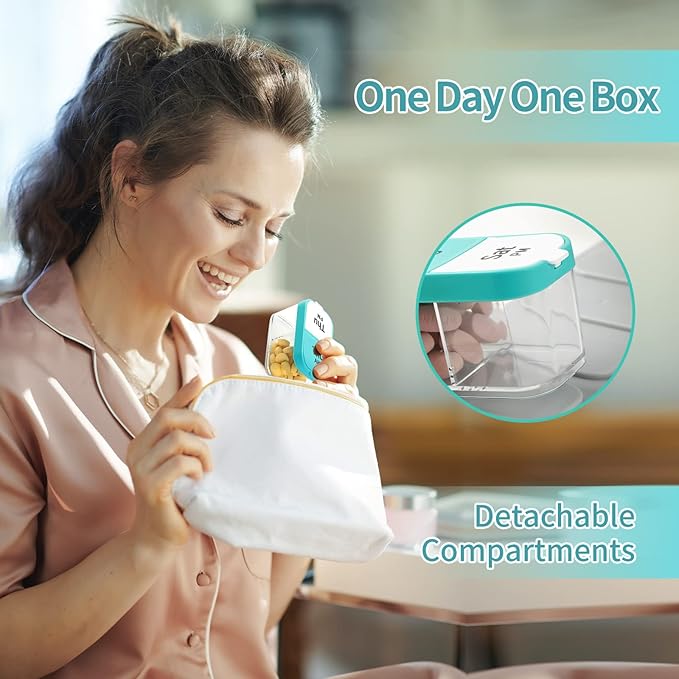 Daviky Large Weekly AM PM Pill Organizer - 7 Day, 2 Times a Day With Extra Large Compartments for Vitamins, Medicine, Supplements (Cyan)