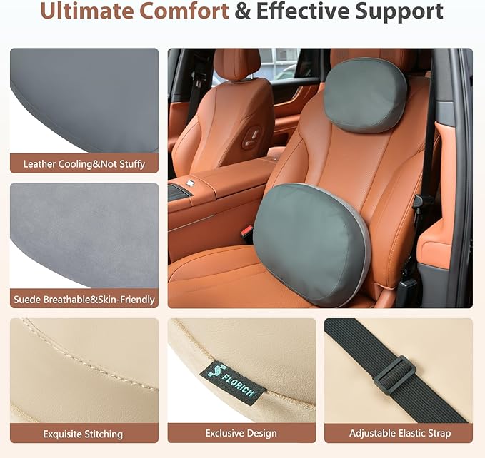 FLORICH Reversible Car Lumbar Support Pillow and Car Neck Pillow Suede & Leather Double-Sided Car Seat Headrest with Lumbar Cushion Relieve Back Neck Fatigue for Car, Office Chair, Wheelchair, Gray
