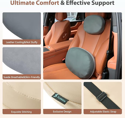 FLORICH Reversible Car Lumbar Support Pillow and Car Neck Pillow Suede & Leather Double-Sided Car Seat Headrest with Lumbar Cushion Relieve Back Neck Fatigue for Car, Office Chair, Wheelchair, Gray