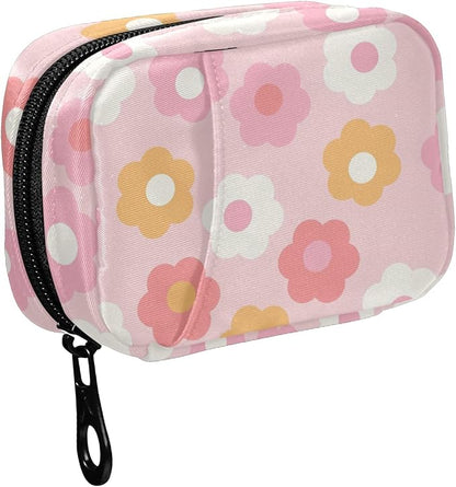 Fustylead 70s Groovy Retro Style Colorful Daisy Flower Travel Pill Organizer Case Zipper for Purse with Removable Weekly Pill Box for Medicine, Vitamin, Supplement Medicine Organizer