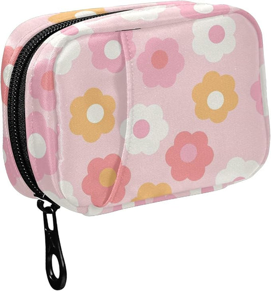 Fustylead 70s Groovy Retro Style Colorful Daisy Flower Travel Pill Organizer Case Zipper for Purse with Removable Weekly Pill Box for Medicine, Vitamin, Supplement Medicine Organizer