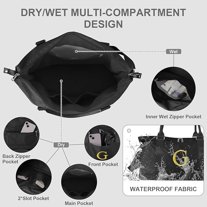 Personalized Initial Gym Dance Bag, Travel Duffel Bag for Teen Girls, Carry On Bag Overnight Weekender Bag with Trolley Sleeve, Birthday Gifts for Women Mom Daughter Graduation Gift(Letter G, Black)