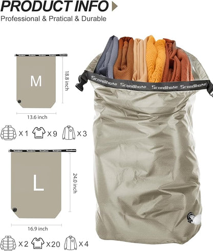 Travel Laundry Bag, Pump Free Vacuum Storage Bag Reusable Compression Dirty Clothes Travel Bag Waterproof Wet Dry Bags Large Capacity Space Saver Bags Camp Clothes Organizer (1 Pcs)(Gray, L)