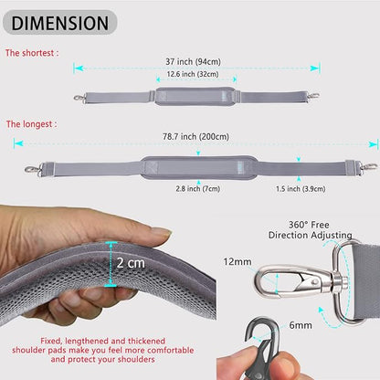 ZINZ 79 inch Shoulder Strap, Extra-thick Fixed Cushion Pad and Dual Clasps Universal Replacement Strap with Metal Swivel Hooks for Laptop Bags, Luggage Bags, Camera, Crossbody (200cm,Gray)