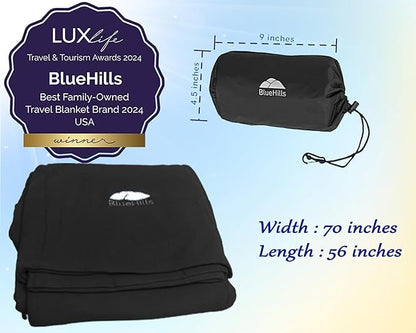 BlueHills Ultra Compact Travel Blanket 2 Pack Large Soft Cozy Portable Blanket Sheet with Carry Case and for Flight Airplane Car Layover Camping Hotel C203-2PK-Black