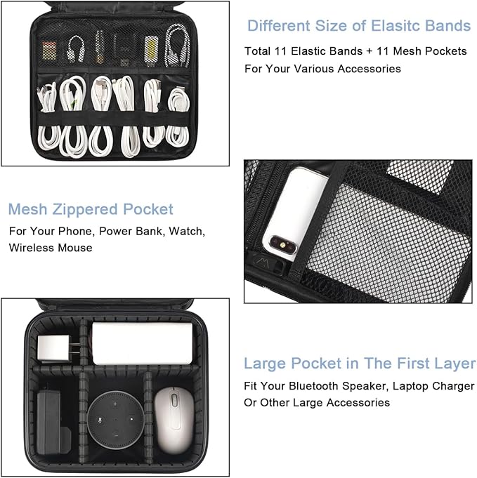 MATEIN Cable Organizer Bag, Waterproof Travel Electronic Storage, Shockproof Portable Double Layer Tech Bags Carrying Case for Cord, Earbuds, Charger, SD Card, DJ Gifts, Black