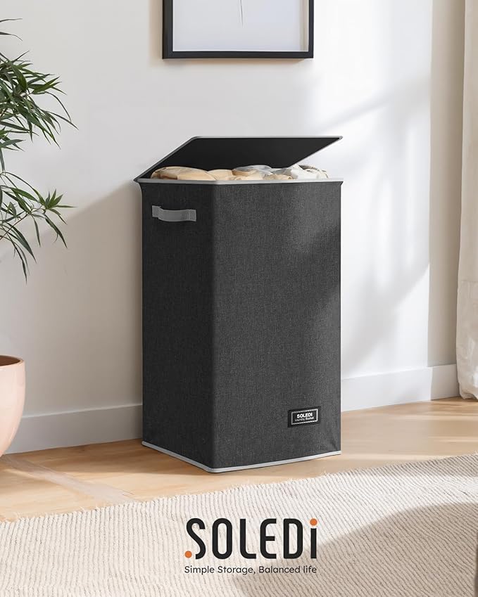 SOLEDI Laundry Hamper with Lid 90L Large & Tall Collapsible Laundry Basket, Clothes Hamper with Bag Removable Easy to Carry, Dirty Hampers for Bedroom, Bathroom, Dorm, College, Dark Grey