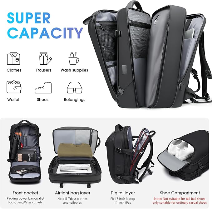 Vacuum Travel Backpack with Pump, 50L Expandable Compression Backpack With Vacuum Seal, 17.3 Inch Water Resistant Business Laptop Backpack with USB Charging Port for Women & Men