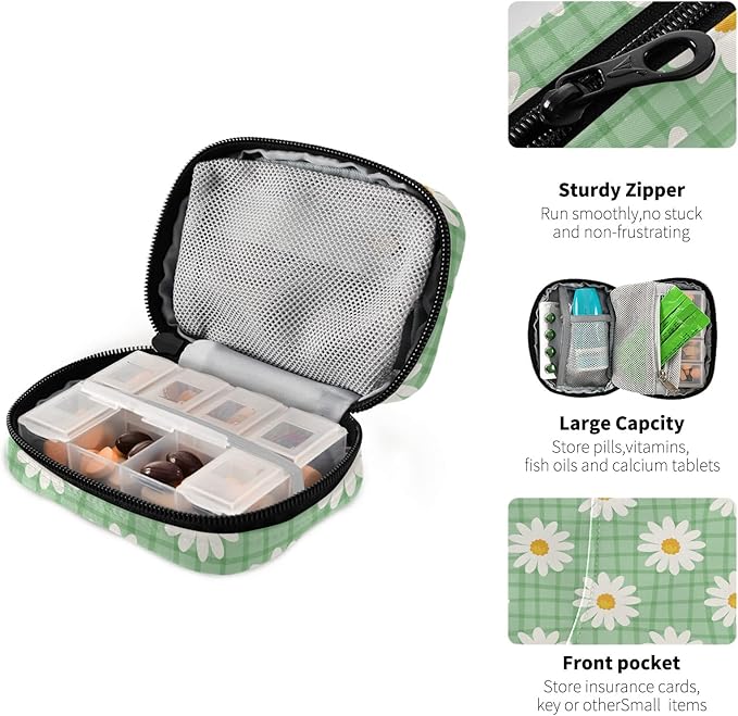 Light Green Daisy Travel Pill Organizer Weekly Small (Cute) Pill Box 7 Day Pill Case Vitamin Holder Pill Bottle Organizer