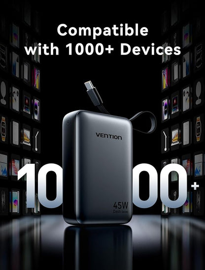 VENTION 45W Power Bank, CCC Certified 20000mAh with Built-in USB-C Cable, Fast Charging Travel Portable Charger with LED Digital Display for iPhone 17/16/15 Xiaomi Galaxy S26/S25 iPad Laptop(Beige)