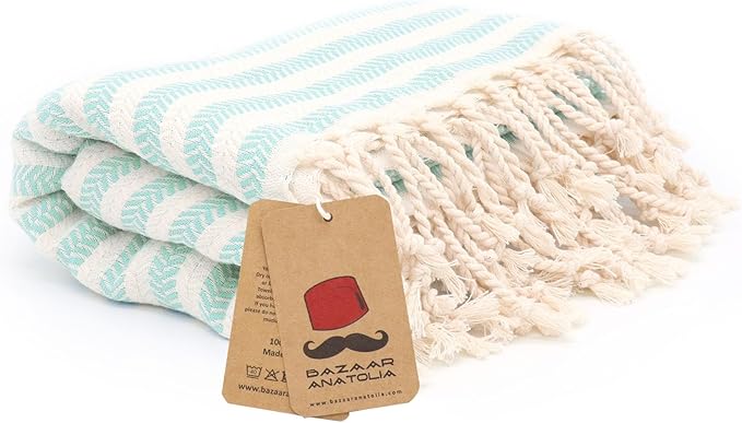 Bazaar Anatolia Turkish Beach Towel – 100% Cotton, Quick Dry, Sand Free Towel for Bathroom, Travel, Camping – Oversized 71x39 Inches – Arpa Mint