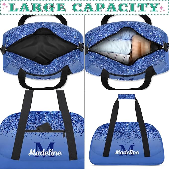 Personalized Kids Sports Duffel Bag with Name Custom Weekender Overnight Bag for Boys Girls Gym Bag Travel Dance Gymnastics Duffel Bag, Blue Glitter