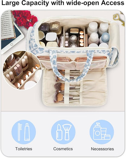 Travel Makeup Bag, Lightweight Wide-open Toiletries Bag for Women, Large Cosmetic Organizer Bag with Makeup Brushes Compartment for Travel-Sized Essentials for Trip, Camping - Blue Flower