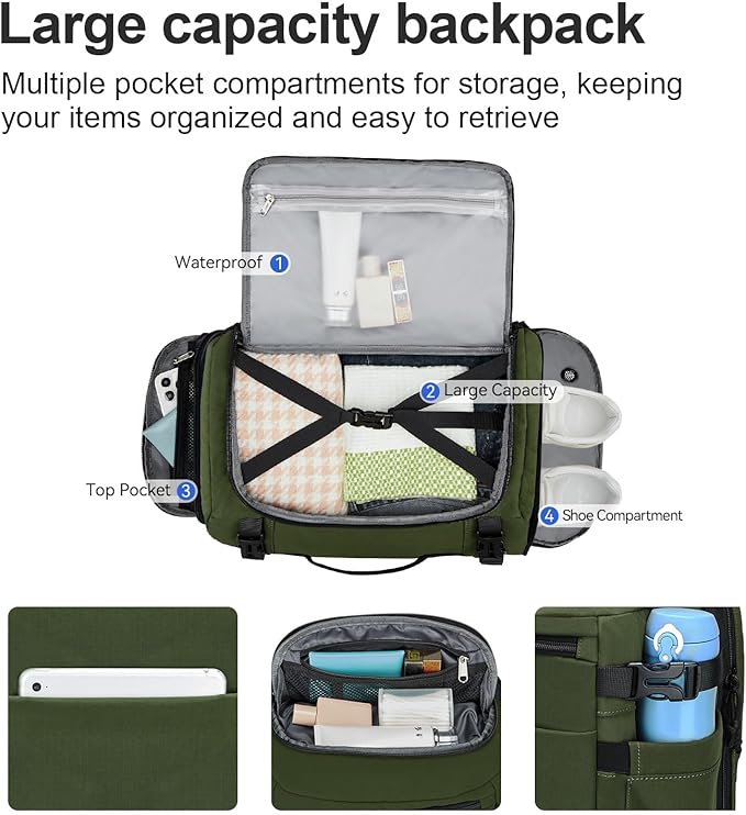 Carry On Travel Backpack with Shoe Compartment Flight Approved Laptop Backpack Expandable Work Business Backpack for Women Men Casual Daypack, Dark Green