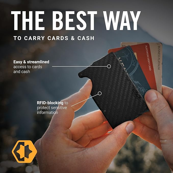 Ridge Wallet for Men - Slim Minimalist Compact Wallet and Card Holder, RFID Protected Front Pocket Wallets for Men with Integrated Cash Strap (Carbon Fiber 3K)