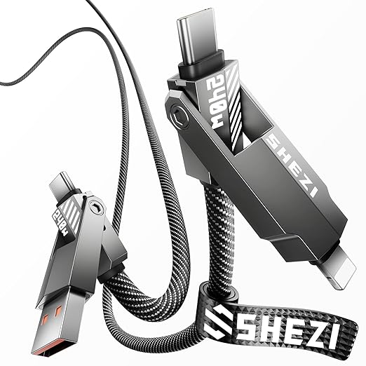 SHEZI Nylon Braided 4 in 1 USB C Cable 240W 3FT Compatible with Lightning Cable, Fast Charging for iPhone/iPad Charger Cord [480Mbps Data Sync],Multi Charging Cable with Type C/USB A, Grey