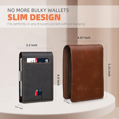RUNBOX Slim Wallets for Men - Leather Money Clip Mens Wallet - RFID Blocking Front Pocket Bifold Wallet - Thin Credit Card Holder with Gift Box