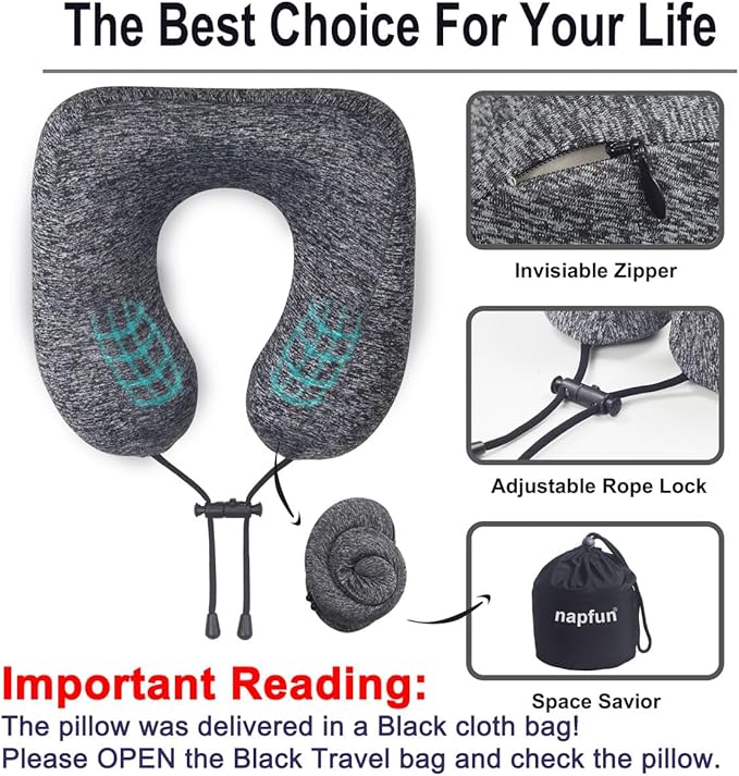 napfun Neck Pillow for Traveling, Upgraded Travel Neck Pillow for Airplane 100% Pure Memory Foam Travel Pillow for Flight Headrest Sleep, Portable Plane Accessories, Full Grey